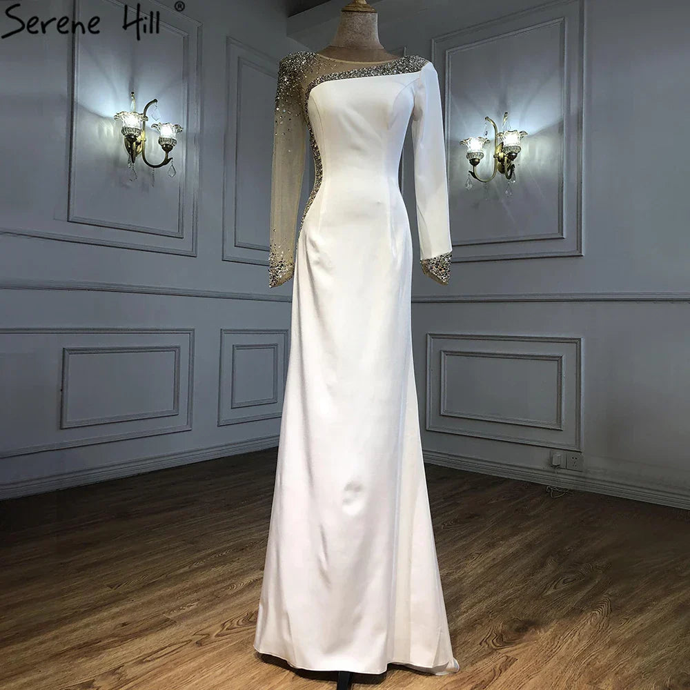 Vestido de noche sirena blanco de satén azul árabe 2025, elegante con cuentas para mujer, ideal para bodas y fiestas (LA71152) 