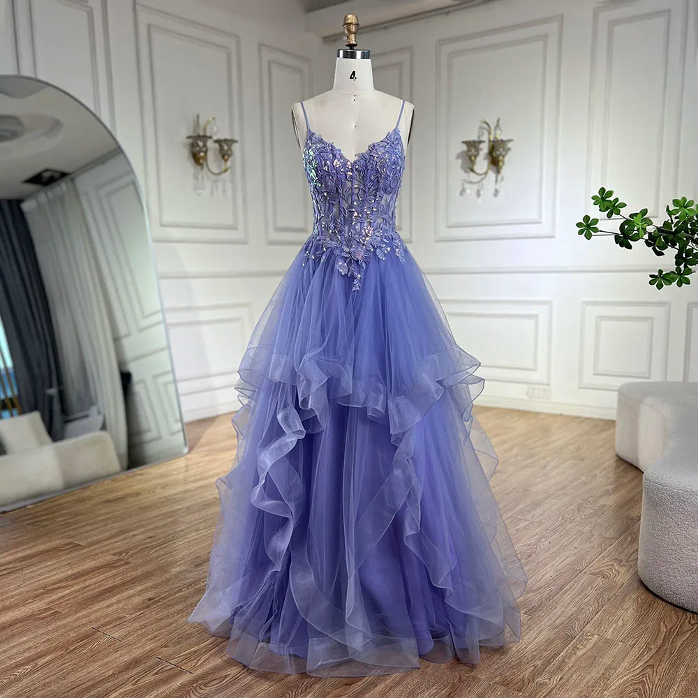 Vestido de noche de lujo para mujer, corte en A, tirantes finos, apliques de encaje escalonados, azul árabe, modelo LA72617 (2025) 