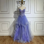 Vestido de noche de lujo para mujer, corte en A, tirantes finos, apliques de encaje escalonados, azul árabe, modelo LA72617 (2025) 