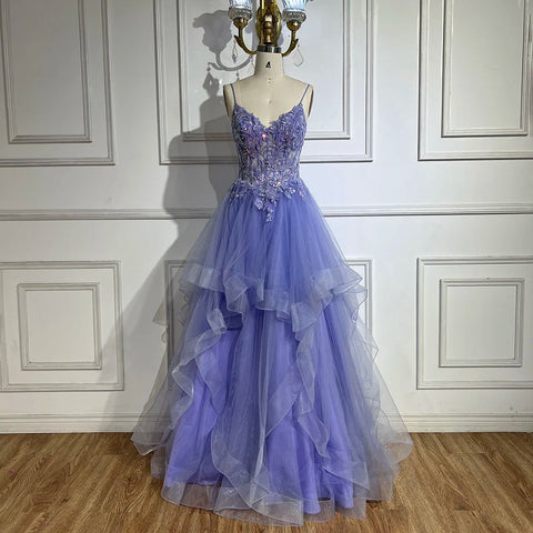 Robe de soirée de luxe bleu arabe à bretelles spaghetti et appliques en dentelle pour femme, modèle LA72617, 2025 