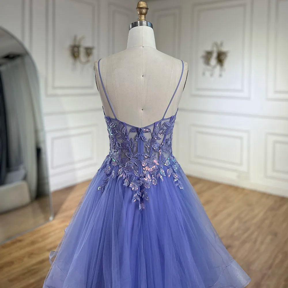 Vestido de noche de lujo para mujer, corte en A, tirantes finos, apliques de encaje escalonados, azul árabe, modelo LA72617 (2025) 