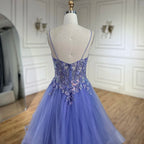 Vestido de noche de lujo para mujer, corte en A, tirantes finos, apliques de encaje escalonados, azul árabe, modelo LA72617 (2025) 