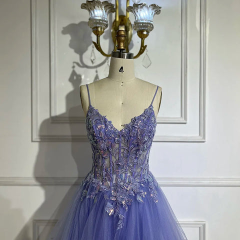 Robe de soirée de luxe bleu arabe à bretelles spaghetti et appliques en dentelle pour femme, modèle LA72617, 2025 