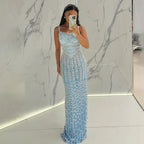 Vestido de noche de sirena azul árabe con tirantes finos, lujoso vestido de noche saudí con cuentas para ocasiones formales LA72725 