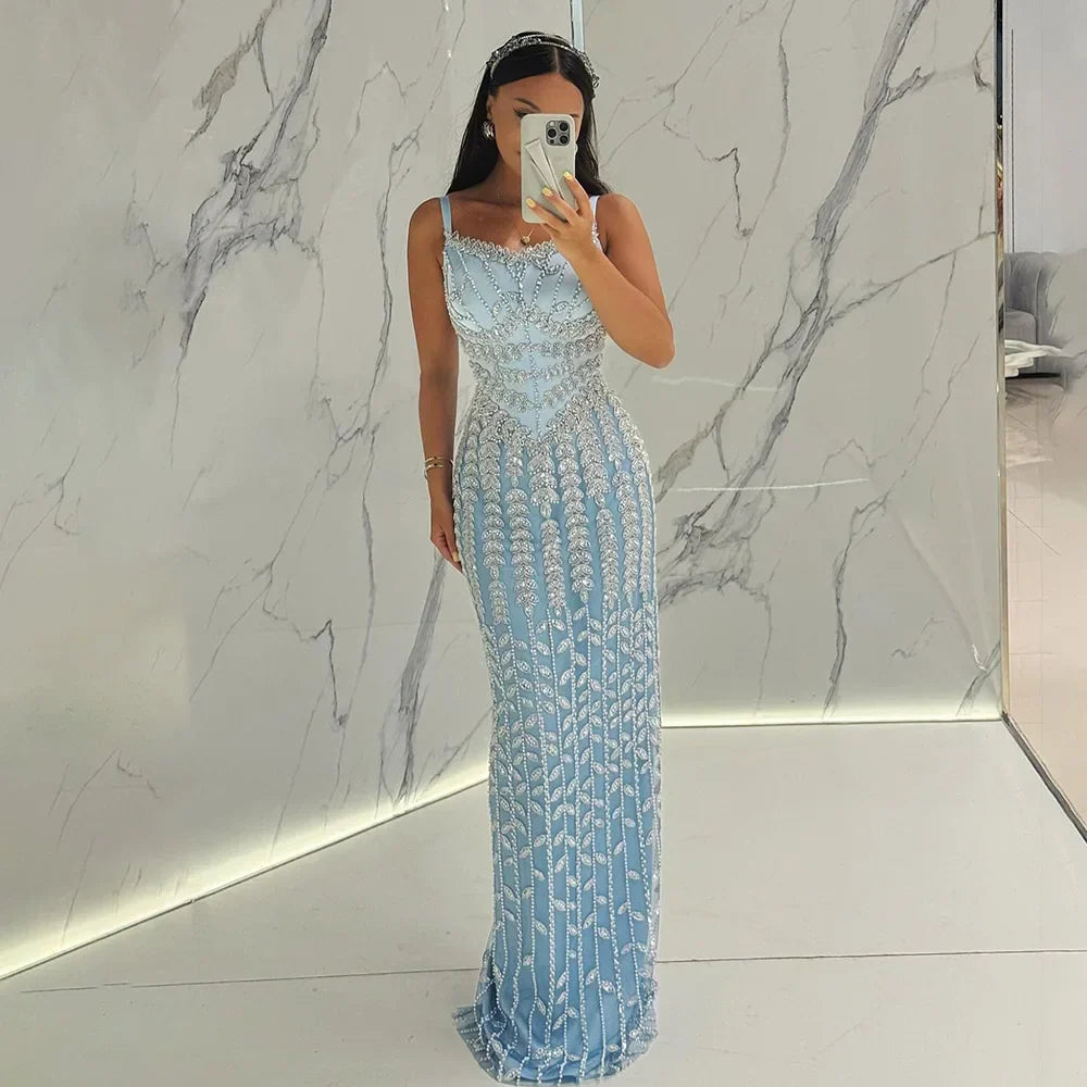 Vestido de noche de sirena azul árabe con tirantes finos, lujoso vestido de noche saudí con cuentas para ocasiones formales LA72725 