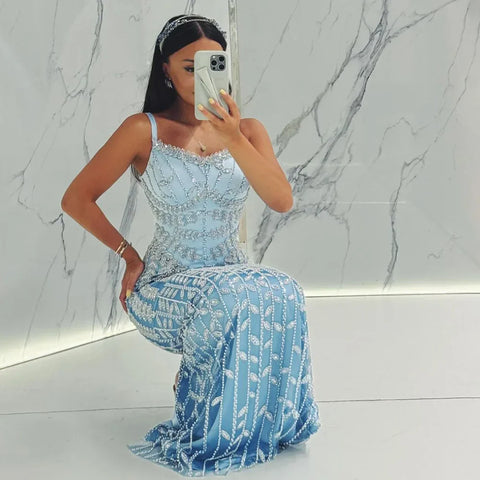 Robe de soirée sirène bleu arabe à bretelles spaghetti, luxueuse robe de soirée saoudienne perlée pour une occasion formelle, LA72725 