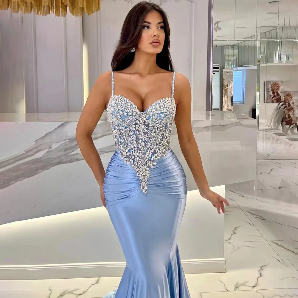 Vestido de noche de sirena de satén azul árabe con tirantes finos, lujoso vestido de noche saudí con cuentas para ocasiones formales LA72729 