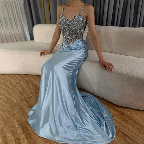 Vestido de noche de sirena de satén azul árabe con tirantes finos, lujoso vestido de noche saudí con cuentas para ocasiones formales LA72729 