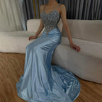 Vestido de noche de sirena de satén azul árabe con tirantes finos, lujoso vestido de noche saudí con cuentas para ocasiones formales LA72729 