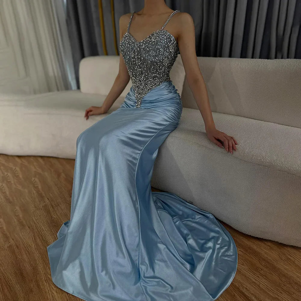 Vestido de noche de sirena de satén azul árabe con tirantes finos, lujoso vestido de noche saudí con cuentas para ocasiones formales LA72729 