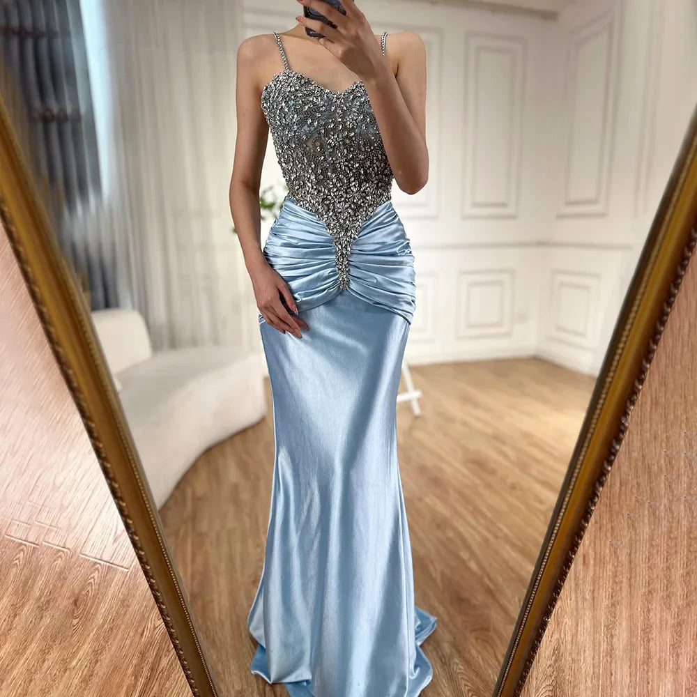 Vestido de noche de sirena de satén azul árabe con tirantes finos, lujoso vestido de noche saudí con cuentas para ocasiones formales LA72729 