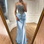 Vestido de noche de sirena de satén azul árabe con tirantes finos, lujoso vestido de noche saudí con cuentas para ocasiones formales LA72729 