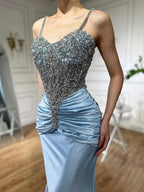 Vestido de noche de sirena de satén azul árabe con tirantes finos, lujoso vestido de noche saudí con cuentas para ocasiones formales LA72729 