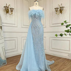 Robe de soirée sirène bleu arabe 2025, bustier, avec jupe, plumes et perles, pour soirée femme, LA72658 
