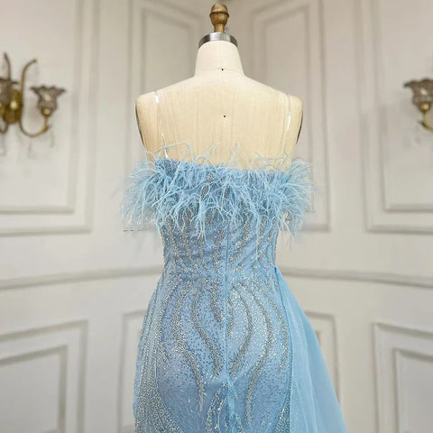 Robe de soirée sirène bleu arabe 2025, bustier, avec jupe, plumes et perles, pour soirée femme, LA72658 