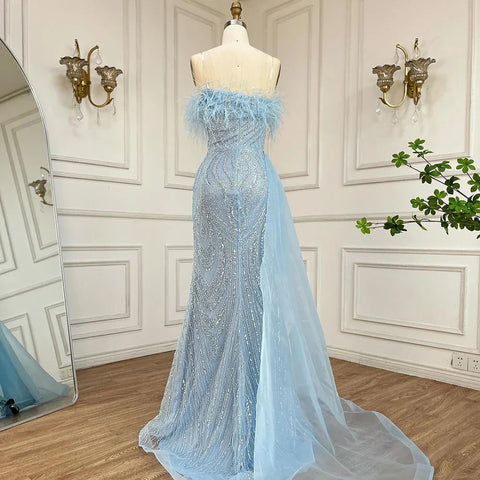 Robe de soirée sirène bleu arabe 2025, bustier, avec jupe, plumes et perles, pour soirée femme, LA72658 