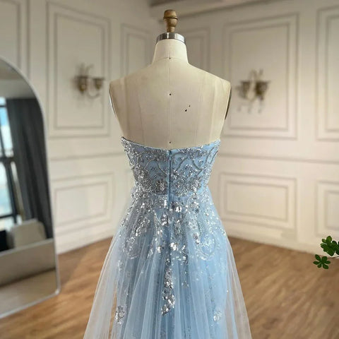 Robe de soirée sirène de luxe bleu arabe 2025, sans bretelles, avec jupe en tulle et perles, pour soirée féminine, LA72639 