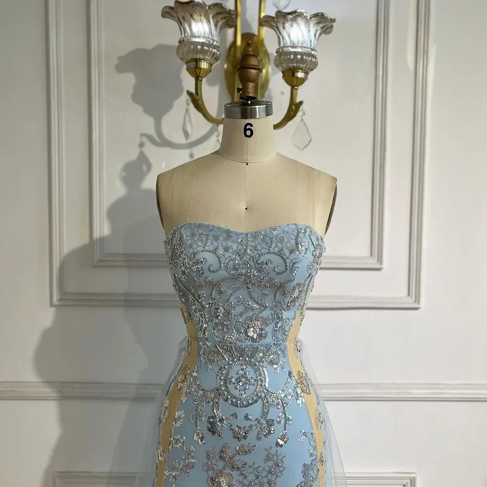 Vestido de noche de lujo estilo sirena sin tirantes, color azul árabe, con sobrefalda de tul y cuentas, ideal para fiestas de mujer (LA72639) 