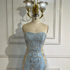 Vestido de noche de lujo estilo sirena sin tirantes, color azul árabe, con sobrefalda de tul y cuentas, ideal para fiestas de mujer (LA72639) 