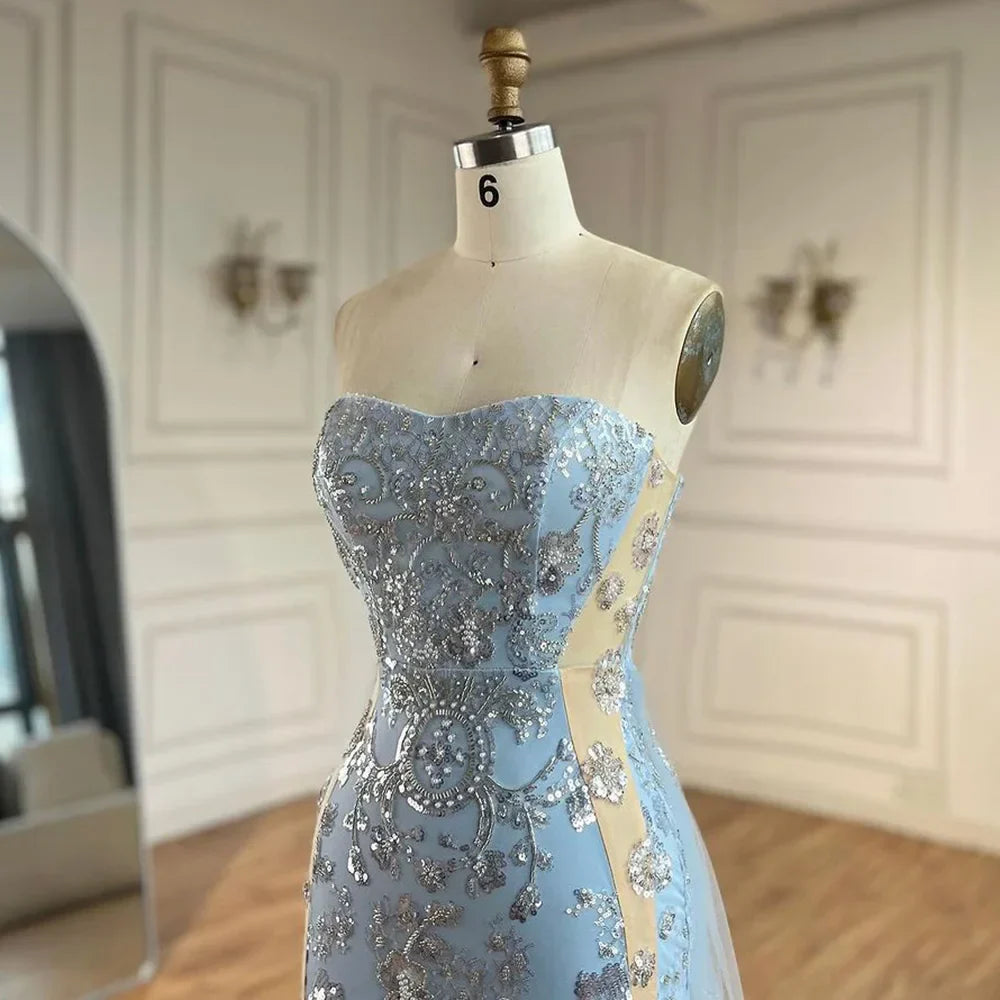 Vestido de noche de lujo estilo sirena sin tirantes, color azul árabe, con sobrefalda de tul y cuentas, ideal para fiestas de mujer (LA72639) 