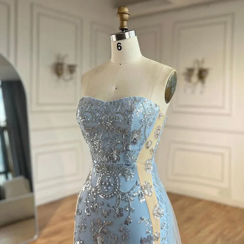 Robe de soirée sirène de luxe bleu arabe 2025, sans bretelles, avec jupe en tulle et perles, pour soirée féminine, LA72639 