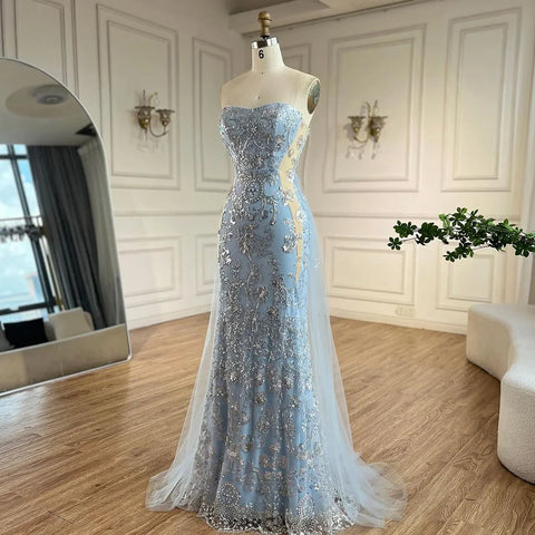 Robe de soirée sirène de luxe bleu arabe 2025, sans bretelles, avec jupe en tulle et perles, pour soirée féminine, LA72639 