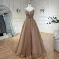 Vestido de noche de lujo estilo árabe color caramelo, corte en A, con tirantes finos y cuentas, ideal para bodas y fiestas (LA70495) 