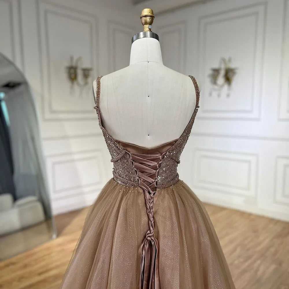Vestido de noche de lujo estilo árabe color caramelo, corte en A, con tirantes finos y cuentas, ideal para bodas y fiestas (LA70495) 