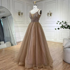 Vestido de noche de lujo estilo árabe color caramelo, corte en A, con tirantes finos y cuentas, ideal para bodas y fiestas (LA70495) 