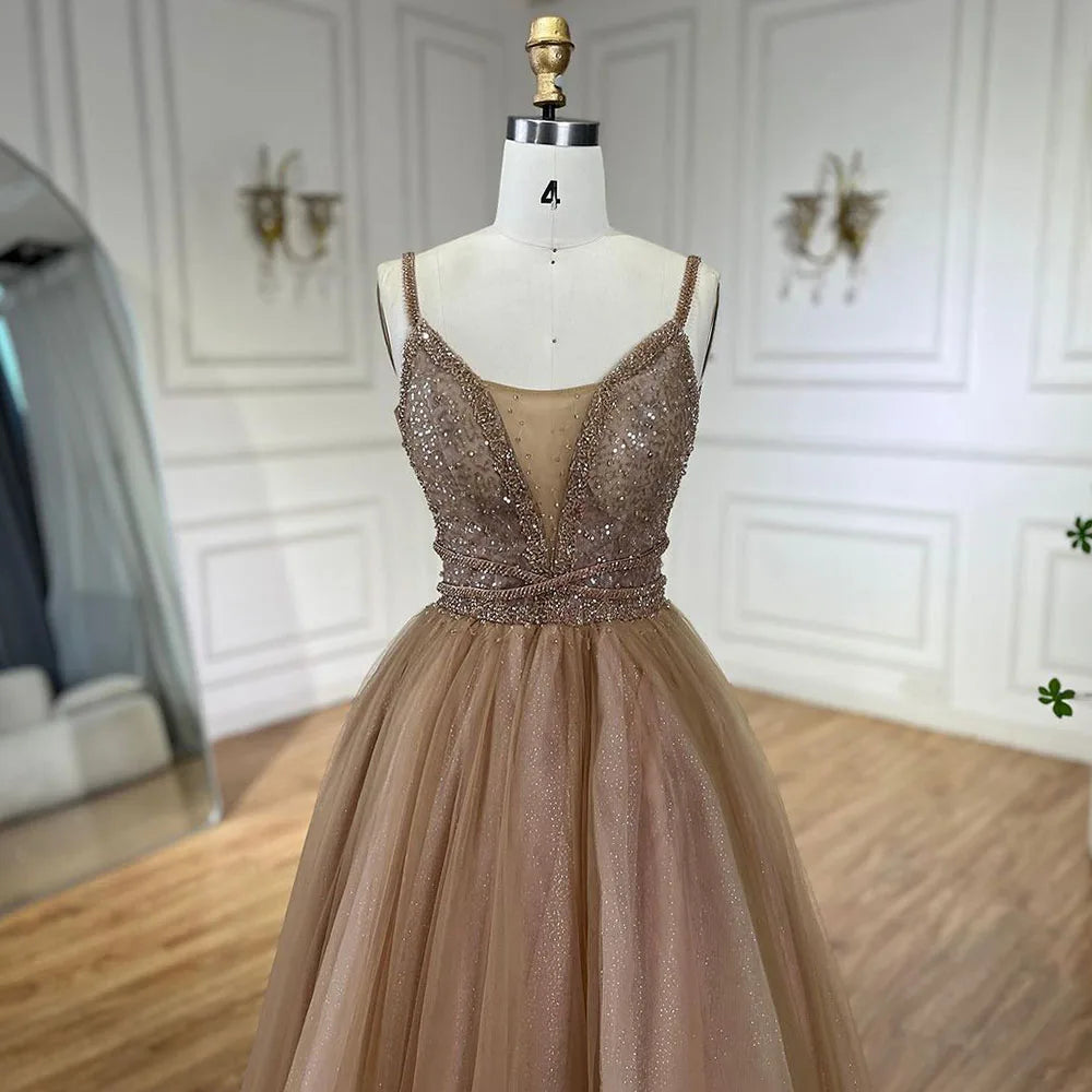 Vestido de noche de lujo estilo árabe color caramelo, corte en A, con tirantes finos y cuentas, ideal para bodas y fiestas (LA70495) 