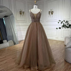 Vestido de noche de lujo estilo árabe color caramelo, corte en A, con tirantes finos y cuentas, ideal para bodas y fiestas (LA70495) 