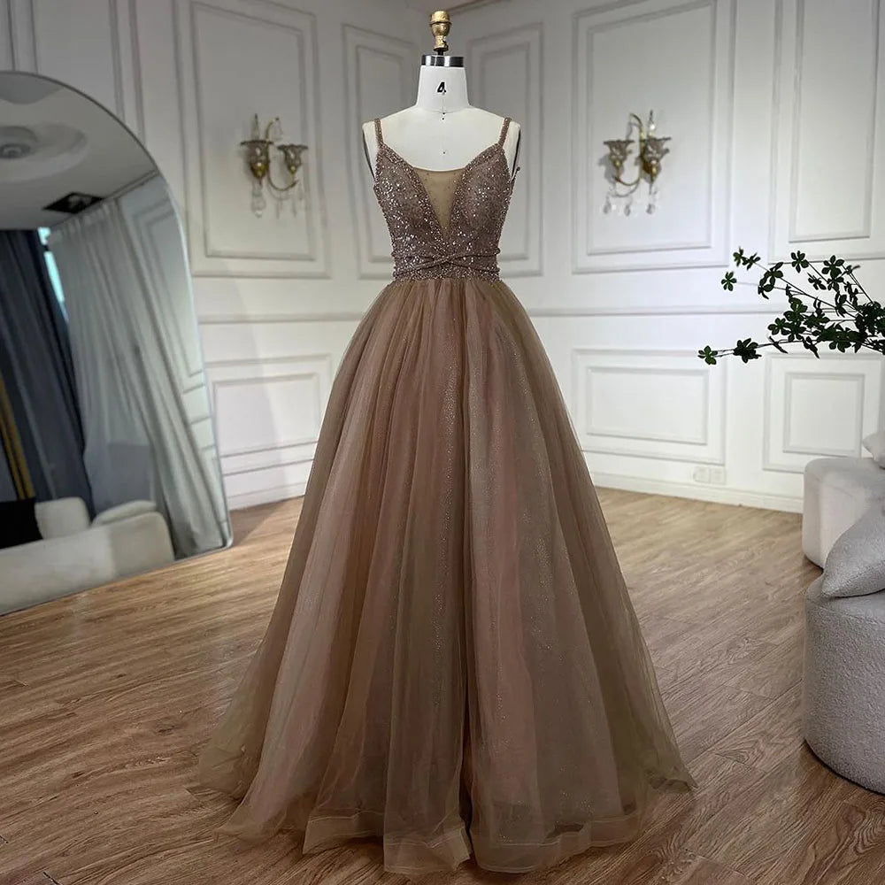 Vestido de noche de lujo estilo árabe color caramelo, corte en A, con tirantes finos y cuentas, ideal para bodas y fiestas (LA70495) 