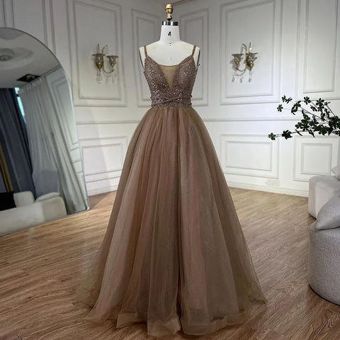 Robe de soirée de luxe à bretelles spaghetti et perles, style arabe, coupe trapèze, style Dubaï, pour femmes, tenue de mariage, LA70495, 2025 