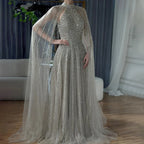 Vestido de noche de lujo saudí LA72306B, corte en A, manga capa, con cuentas, color caramelo árabe, modelo 2025. Ideal para ocasiones formales. 