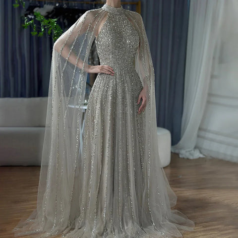 Robe de soirée de luxe saoudienne, couleur caramel, manches cape, perles, pour occasions formelles, LA72306B, 2025 