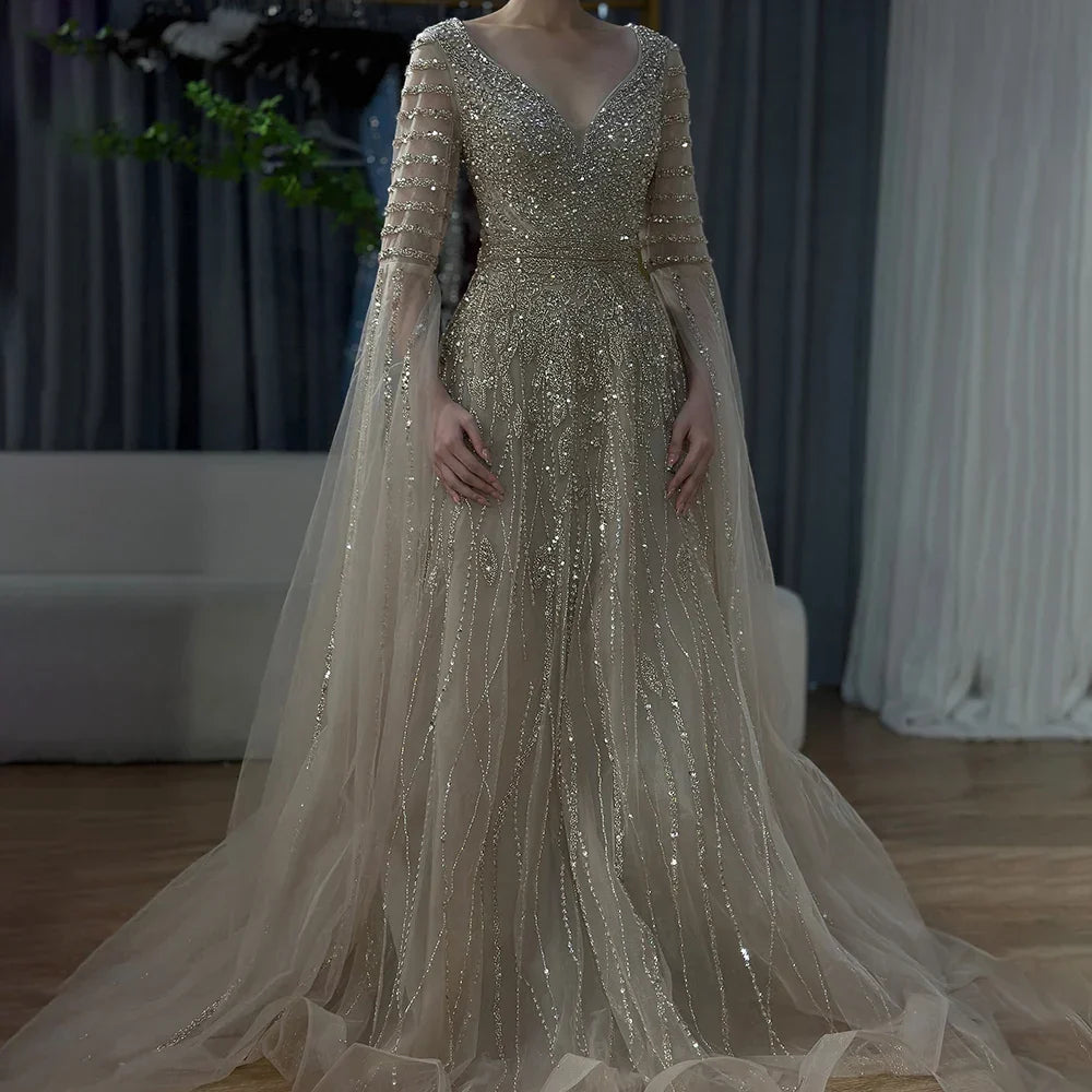 Vestidos de noche largos, elegantes, de corte A, color caramelo árabe, con cuentas y mangas tipo capa para ocasiones formales LA72750 