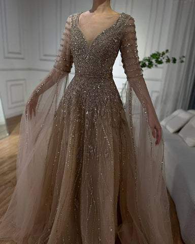 Robe de soirée longue élégante style trapèze, couleur caramel, avec perles et manches cape, pour une occasion spéciale, LA72750 