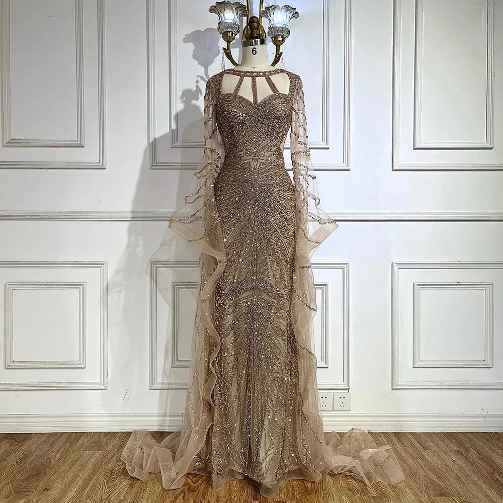 Vestido de noche de sirena color caramelo árabe 2025 con elegantes mangas tipo capa con cuentas para ocasiones formales LA72708 