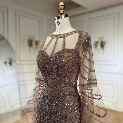 Robe de soirée sirène couleur caramel arabe 2025, élégante robe à manches cape perlées, pour une occasion formelle, LA72708 