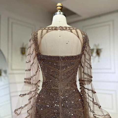 Robe de soirée sirène couleur caramel arabe 2025, élégante robe à manches cape perlées, pour une occasion formelle, LA72708 