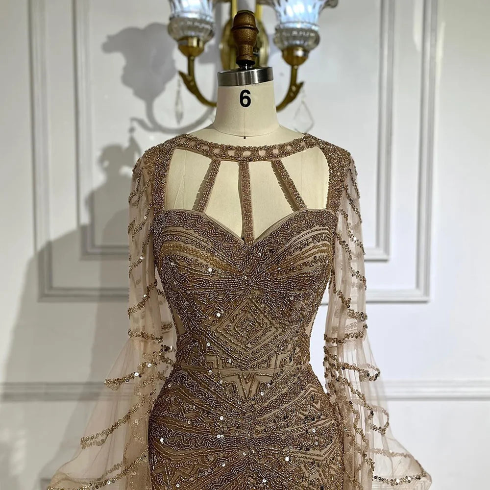 Vestido de noche de sirena color caramelo árabe 2025 con elegantes mangas tipo capa con cuentas para ocasiones formales LA72708 