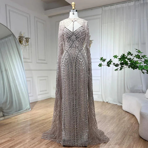 Robe de soirée longue style sirène arabe caramel, tenue de soirée luxueuse à perles, style Dubaï, pour femmes, LA72053B 
