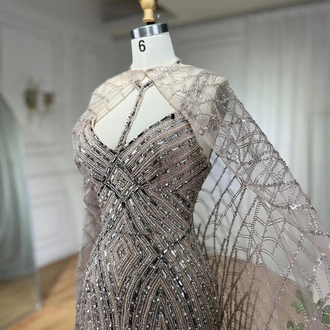 Robe de soirée longue style sirène arabe caramel, tenue de soirée luxueuse à perles, style Dubaï, pour femmes, LA72053B 