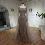 Vestido largo de noche estilo sirena color caramelo árabe 2025 con mangas tipo capa con cuentas | Vestido para bodas y fiestas de mujeres LA72400A 