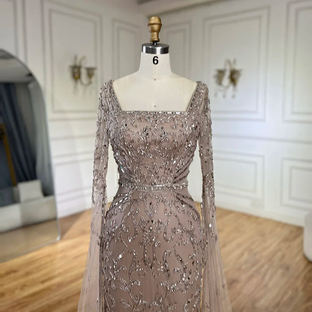 Vestido largo de noche estilo sirena color caramelo árabe 2025 con mangas tipo capa con cuentas | Vestido para bodas y fiestas de mujeres LA72400A 
