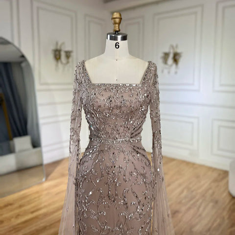 Robe de soirée longue style sirène couleur caramel, avec manches cape perlées, style arabe 2025 | Robe de soirée pour femme, LA72400A 