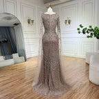 Vestido largo de noche estilo sirena color caramelo árabe 2025 con mangas tipo capa con cuentas | Vestido para bodas y fiestas de mujeres LA72400A 
