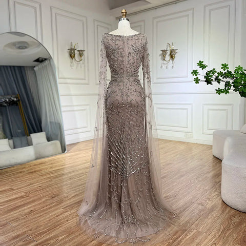 Robe de soirée longue style sirène couleur caramel, avec manches cape perlées, style arabe 2025 | Robe de soirée pour femme, LA72400A 