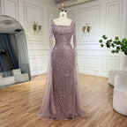 Vestido largo de noche estilo sirena color caramelo árabe 2025 con mangas tipo capa con cuentas | Vestido para bodas y fiestas de mujeres LA72400A 