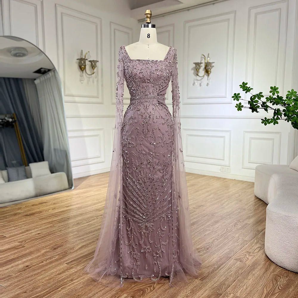 Vestido largo de noche estilo sirena color caramelo árabe 2025 con mangas tipo capa con cuentas | Vestido para bodas y fiestas de mujeres LA72400A 